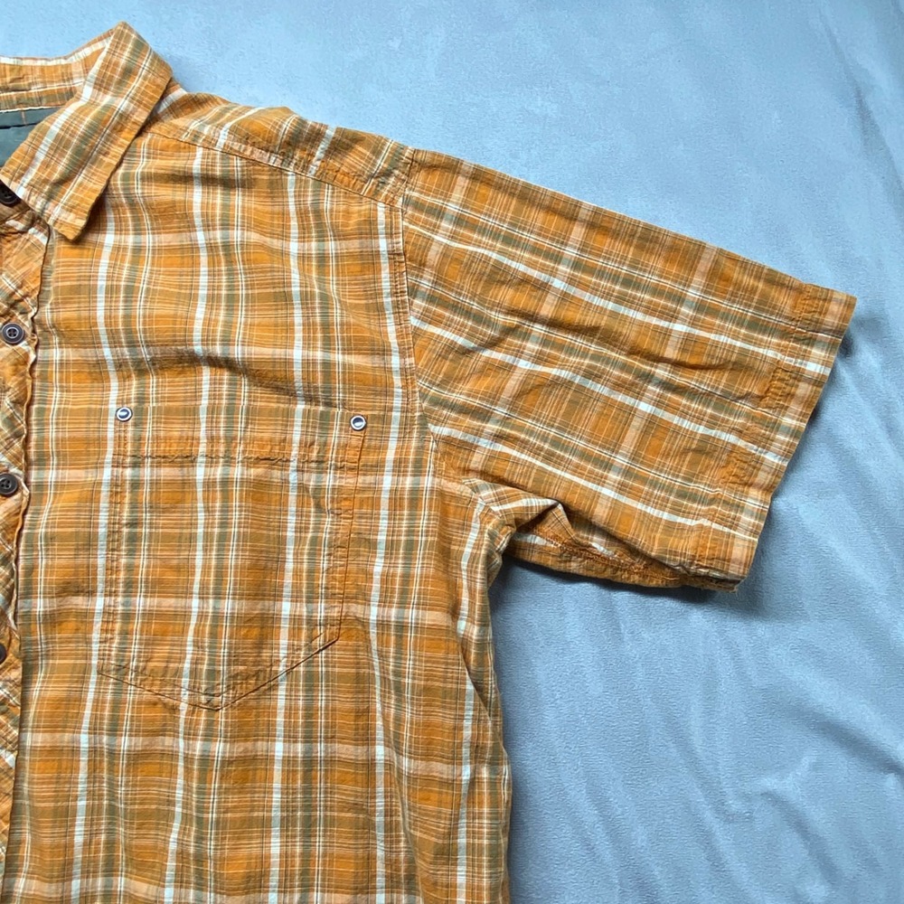 REI Mens XL Plaid Short Sleeve Button Up Shirt Casual Outdoor Work Beige Orange - Picture 12 of 14